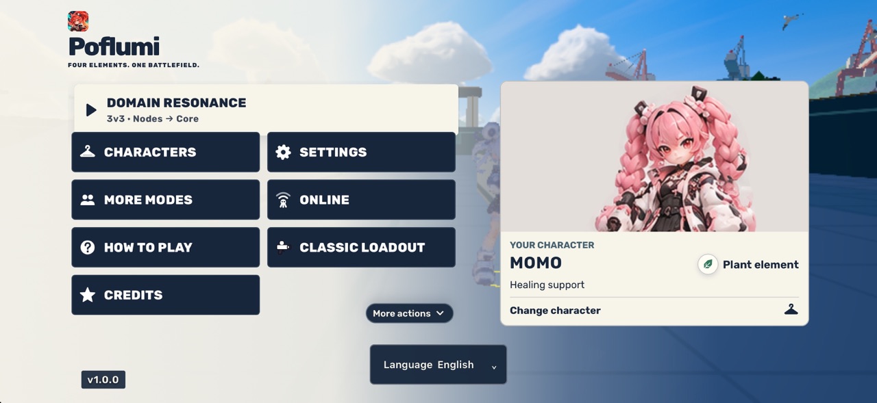 Poflumi main menu with Domain Resonance mode and Momo character selection.