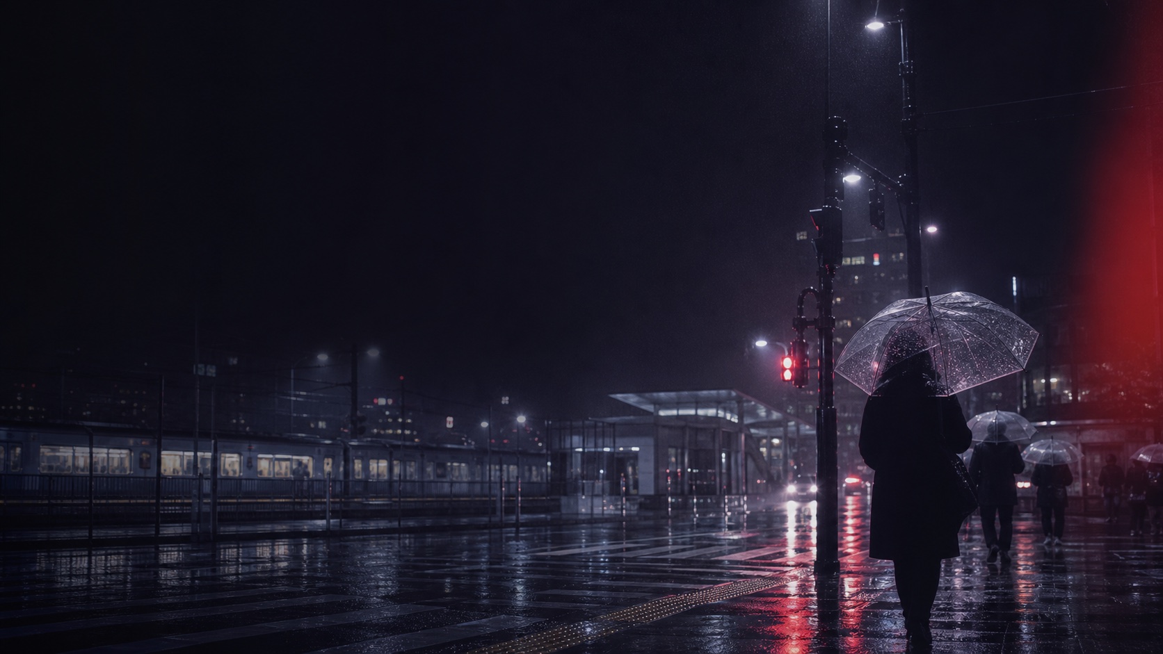 Generated Tokyo night visual with transparent umbrellas, red station light, wet pavement, and a distant train platform.