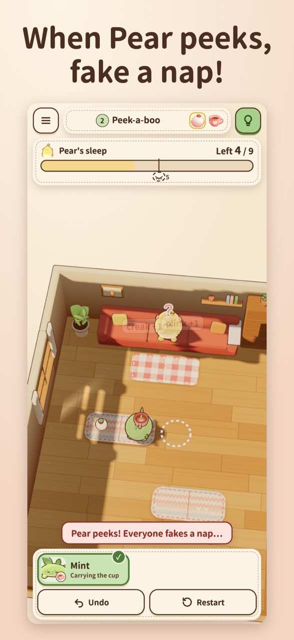 Official App Store screenshot. In a sunny living room, Mint carries a teacup across the floor while Pear peeks from the sofa and everyone fakes a nap.